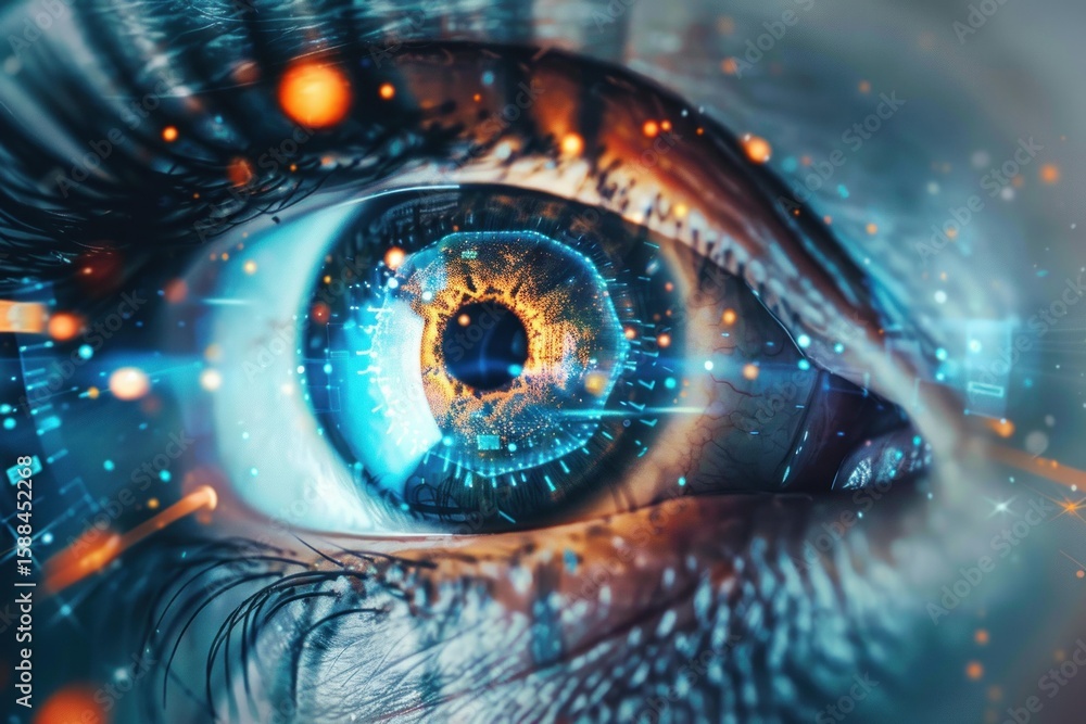Aufkleber close up of a human eye with futuristic digital binary code reflecting concept of future technology