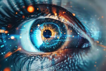 Close up of a human eye with futuristic digital binary code reflecting concept of future technology