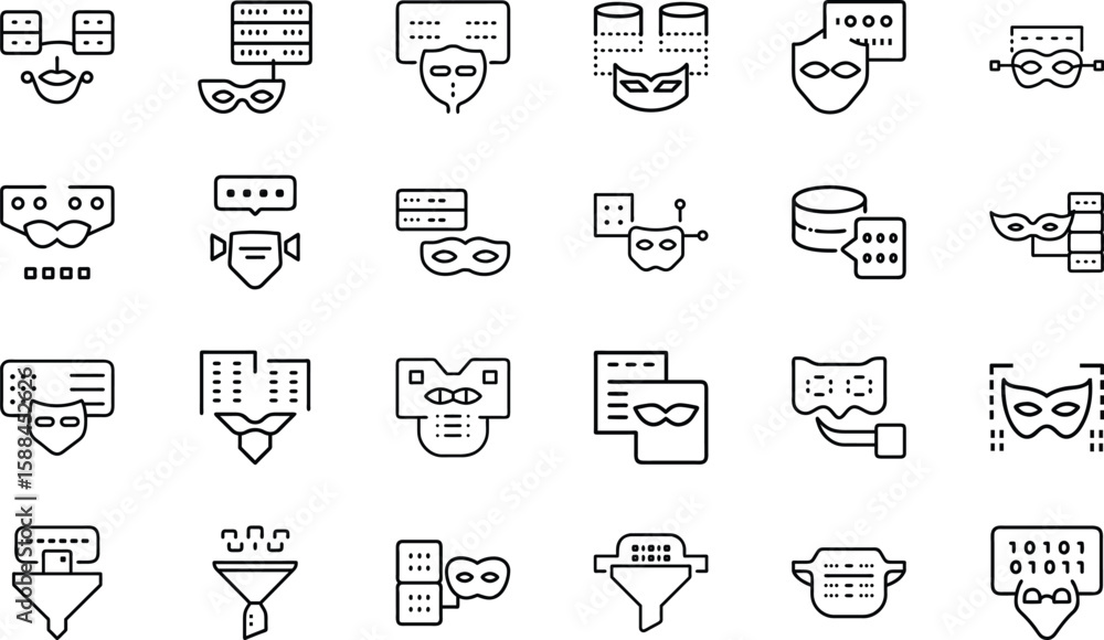 Poster data privacy and cyber security concepts illustrated with line icons and mask symbols