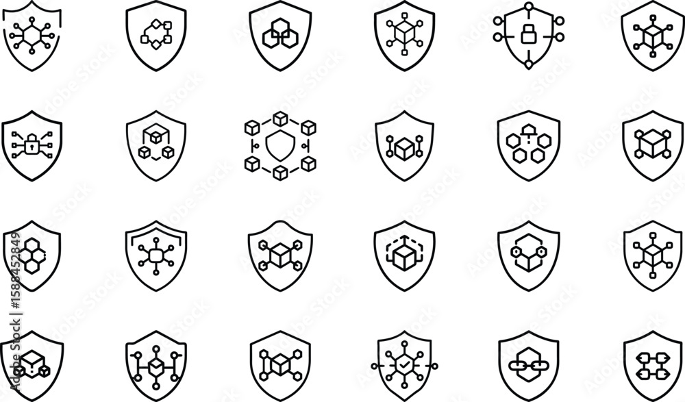 Poster collection of shield icons representing data protection security privacy and technological concepts