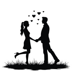 Couple holding hands with hearts floating above love romance