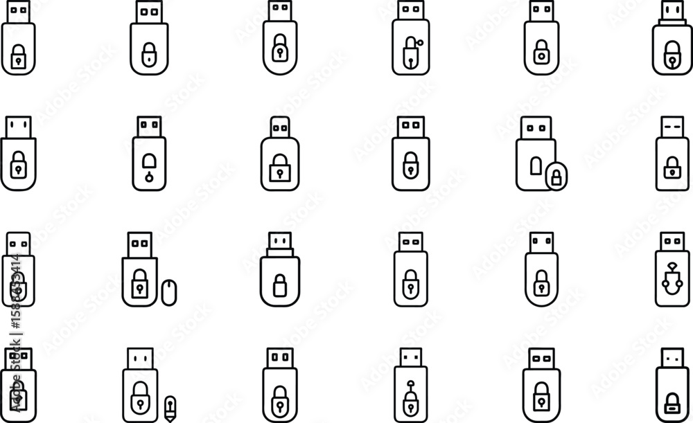 Poster usb flash drives with security icons representing data protection and cyber safety in outline style