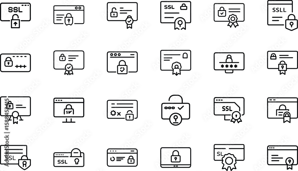 Poster secure socket layer ssl certificates and web security icons set with line art style