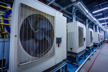 Ventilation system ducting with cooling fans is supplying cold air to server room