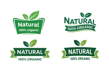 Set of "Natural 100% Organic" green product labels and badges with leaf motifs, ideal for eco-friendly, healthy, and sustainable food, cosmetic, or beverage branding.