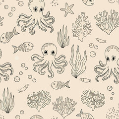 Underwater World Seamless Pattern with Octopuses, Fish, and Coral