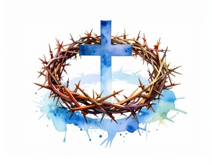 Fototapeta premium Watercolor depiction of a blue cross surrounded by a crown of thorns religious imagery