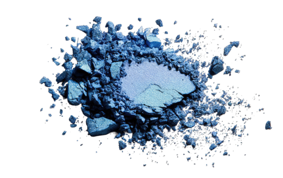 Crushed, vibrant blue eyeshadow powder.  A cluster of fragmented,  angular pieces radiates outwards from a central, lighter shade - Powered by Adobe