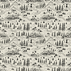 Seamless Camping Pattern: Nature Adventure Landscape with Tent, Trees, and Mountains