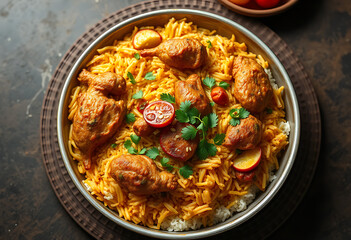 Fototapeta premium Aromatic chicken biryani is served on a decorative plate