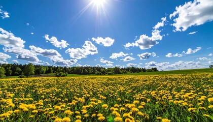 Obraz premium Wide field of dandelions under a vibrant blue sky