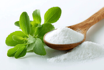 Stevia powder and leaves isolated on white background