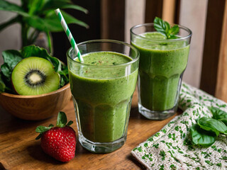 Vibrant Green Smoothies with Fresh Fruit and Greens kiwi strawberry