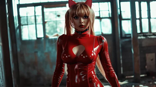 A woman in a red latex outfit with cat ears poses confidently in an industrial setting with dramatic lighting