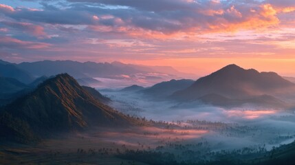 Misty mountain range at sunrise (1)