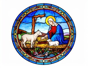 Stained Glass Depicting Mary with Lambs, Religious Symbolism, Christian Art