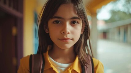A schoolgirl in a yellow shirt stands confidently in a colorful school corridor holding her backpack straps