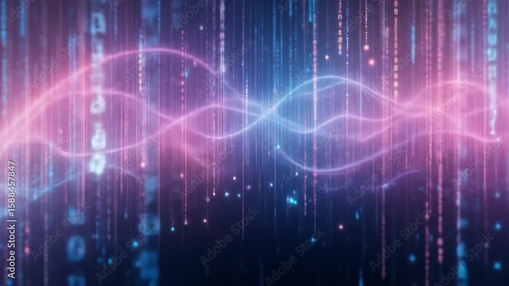 Poster abstract digital background with falling numbers, data stream and energy waves