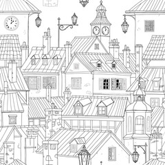 Quaint European City Rooftops Seamless Pattern Line Art