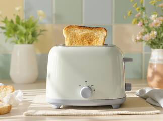 Retro toaster with golden toasted bread popping up, bright kitchen scene with pastel-colored tiles and fresh flowers in the background

