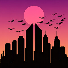Fototapeta premium digital art illustration of a city skyline at sunset with a large pink full moon in the background. .
