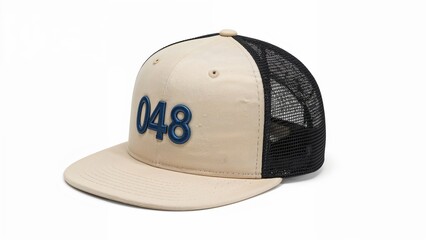 Fototapeta premium Beige mesh trucker cap with blue 048 design on white background