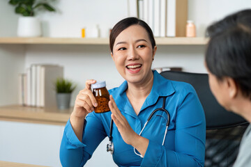 Doctor discussing medication with a patient in a healthcare setting