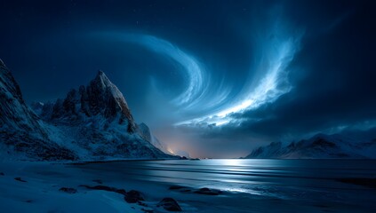 Mystical northern lights over snowy arctic mountains at night