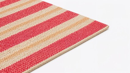 Vibrant striped textile rug on white background  red, beige, and orange horizontal pattern