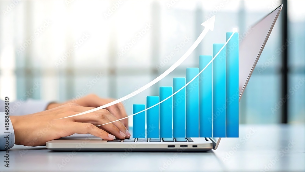 Poster close up of hands typing on a laptop with a rising blue bar graph and upward arrow symbolizing busin