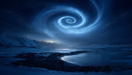 Mystical spiral galaxy over a snowy landscape at night