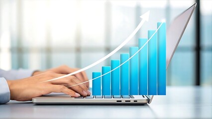 Close up of hands typing on a laptop with a rising blue bar graph and upward arrow symbolizing business growth and success