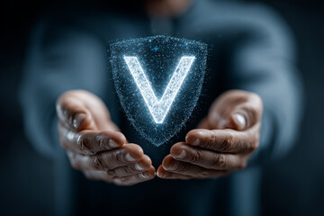 Hands hold digital shield. Represents cybersecurity, protection, data security, digital trust. Great for marketing, technology, or web design.