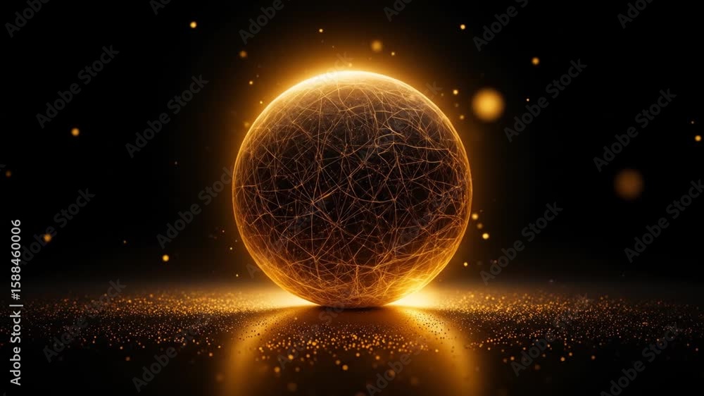 Poster abstract glowing golden sphere with intricate network patterns on a dark background