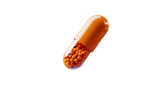 3D illustration about the use of medicines. Orange circles emerging from the pill capsule.