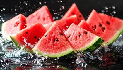 Watermelon slices in water splashes