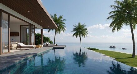 Fototapeta premium Modern infinity pool overlooking the ocean with palm trees and a luxurious villa under a clear blue sky