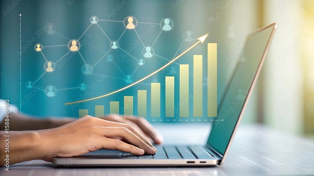Poster hands typing on a laptop with a rising bar graph and network of people icons symbolizing business gr