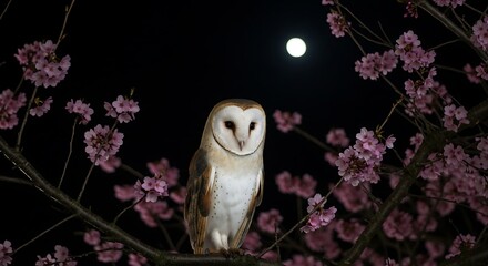Majestic Barn Owl Perched Amidst Cherry Blossoms Under a Moonlit Night Sky