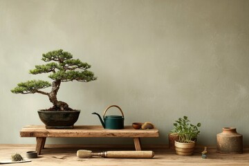 Bonsai on rustic wooden stand, minimalist aesthetic