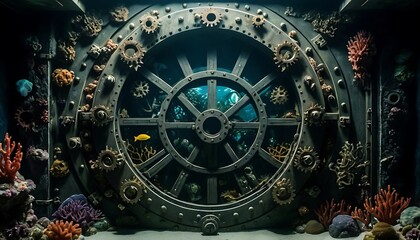Submarine Porthole View of Underwater World with Coral and Fish