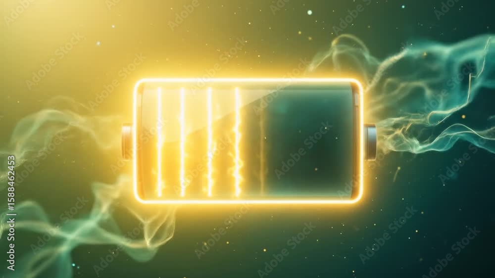 Poster animated battery charging sequence with energy flow on futuristic background concept