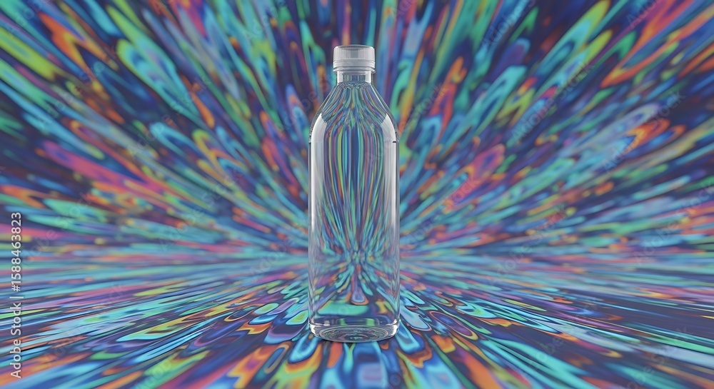 Poster clear plastic water bottle standing on a vibrant colorful abstract background rendering a dynamic