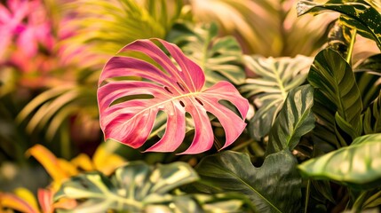 Vibrant Pink Monstera Leaf in Lush Tropical Foliage