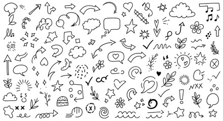 Fototapeta premium Collection of Hand-Drawn Doodle Elements, Arrows, Hearts, and Symbols