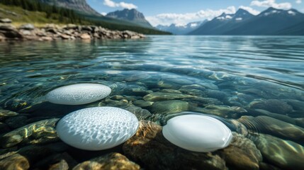 Serene Mountain Lake with Floating Stones