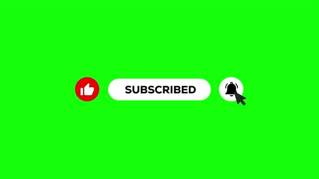 Clean Subscribe Button Animation on Green Screen. White Subscribe Bar with Like Icon, Bell Notification Click and Cursor Press, perfect for video intros, call-to-action overlays
