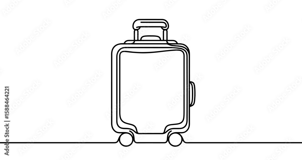 Poster suitcase on wheels drawn with a single continuous line. black color. vector illustration.