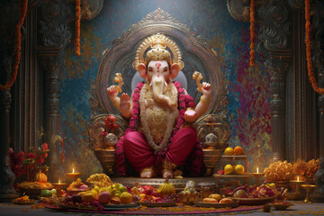 Artistic portrayal of Lord Ganesha seated on a throne surrounded by offerings and lamps, vibrant festive background, intricate details.