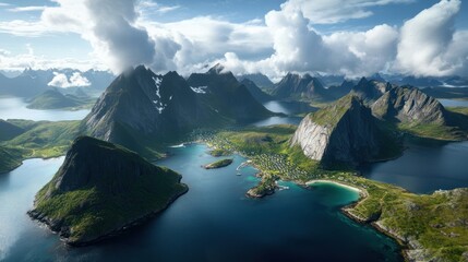 Aerial View of Lofoten Islands, Norway: Majestic Mountains, Serene Fjords, and Charming Coastal Village